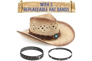 Funcredible Straw Cowboy Hat for Women - Straw Cowgirl Hat - Vintage Cowboy Hat with 3 Replaceable Hat Bands