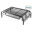 Halter Mesh Metal Monitor Stand/Riser with Pull Out Drawer and Side Compartments, Black, 2-Pack