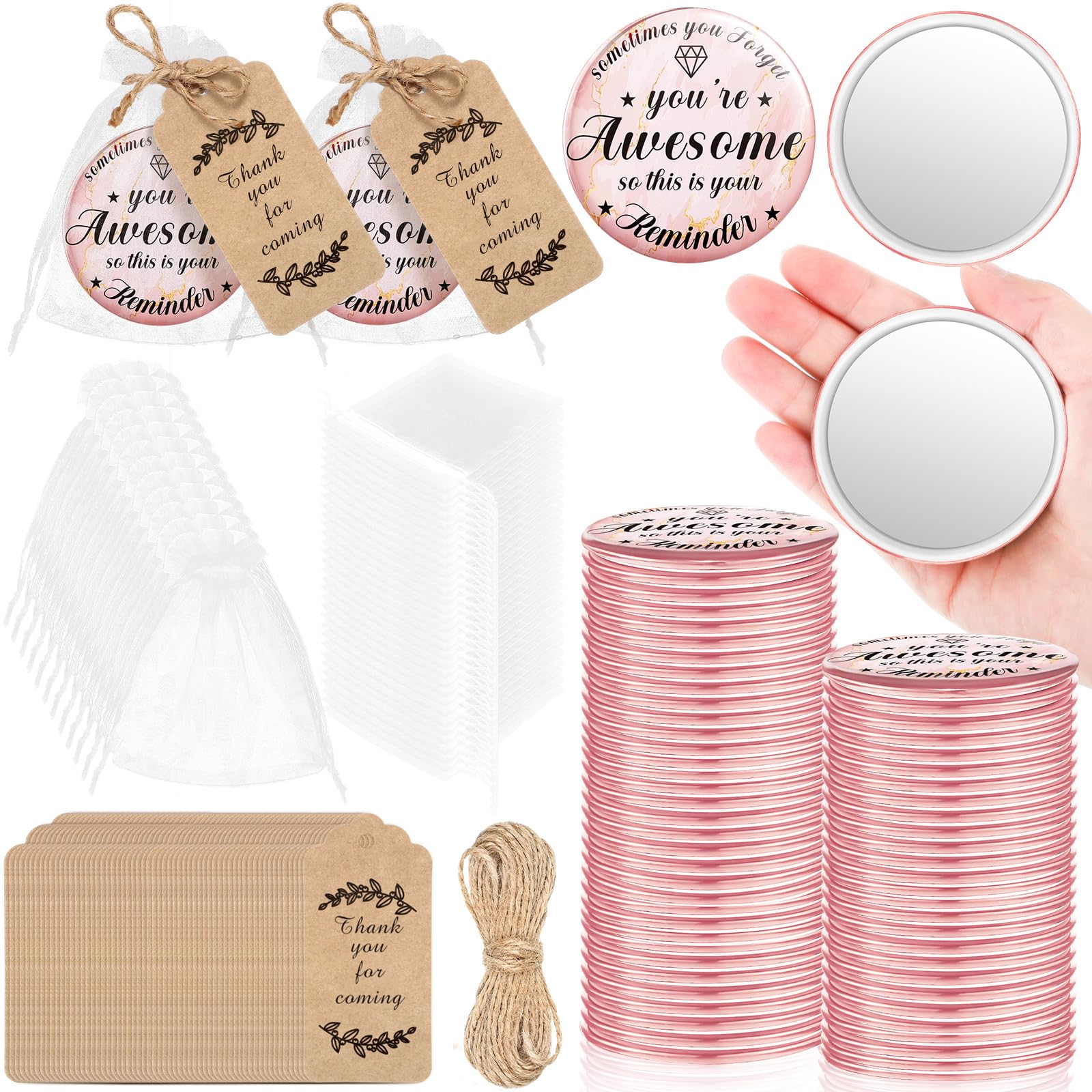Photo 1 of Tradder 50 Sets 2.76 Inch Inspirational Compact Mirrors Bulk Small Purse Pocket Makeup Pink Mirrors Quinceanera Party Gifts Employee Appreciation Gifts Set for Women Coworker (Awesome)