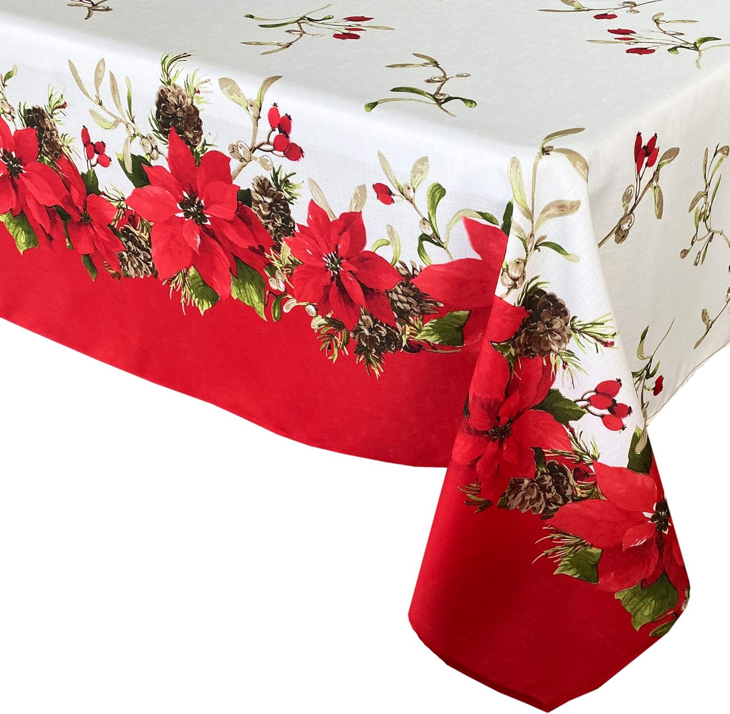 Newbridge Blooming Poinsettia’s Double Bordered Christmas Fabric Tablecloth, Traditional Red and White Poinsettia Print Easy Care, Stain Release Tablecloth, 60 Inch x 102 Inch Oblong/Rectangle