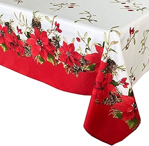 Newbridge Blooming Poinsettia’s Double Bordered Christmas Fabric Tablecloth, Traditional Red and White Poinsettia Print Easy Care, Stain Release Tablecloth, 60 Inch x 102 Inch Oblong/Rectangle