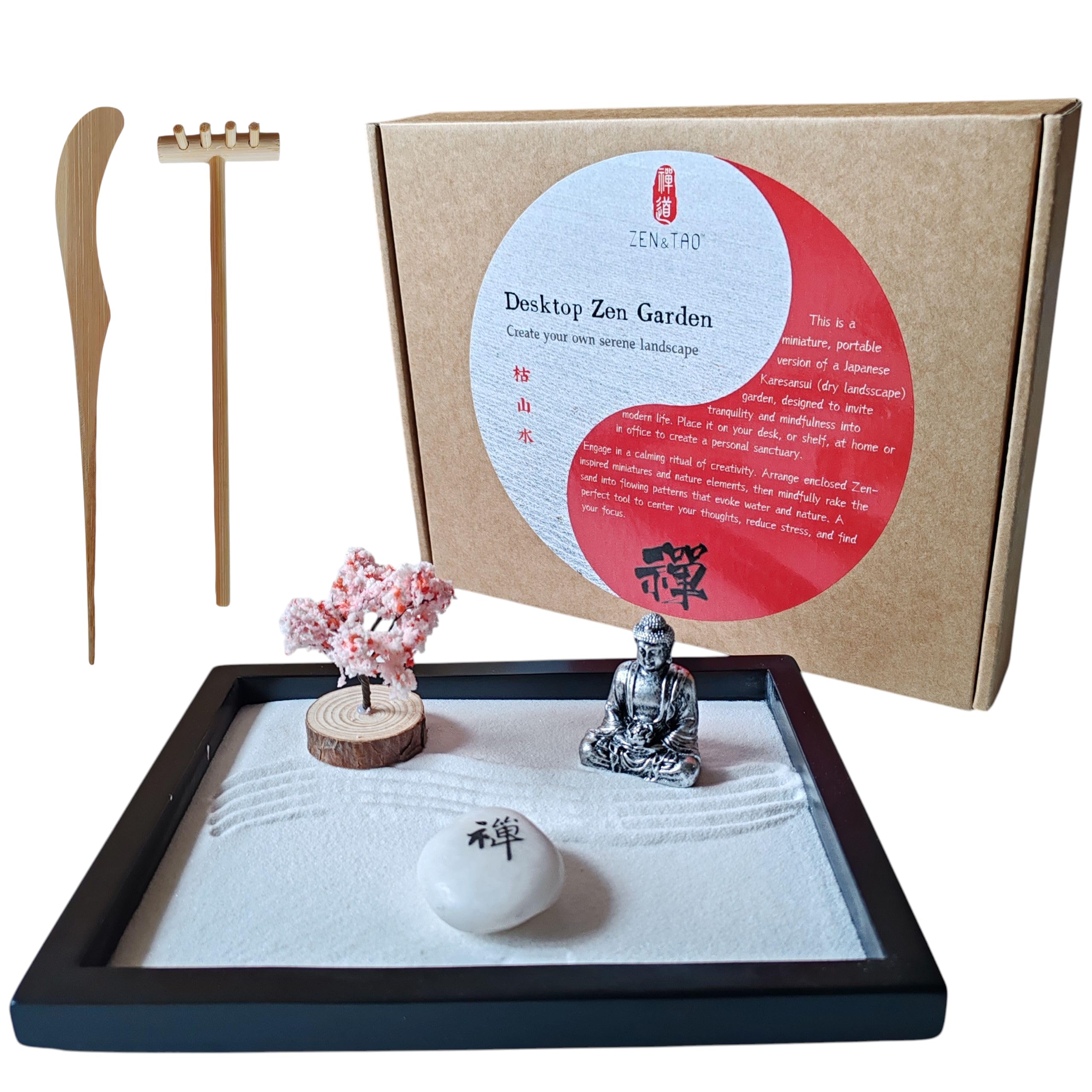 ZEN&TAO Japanese Miniature Zen Garden Black Tray with Buddah Statue, Blossoming Cherry Tree, Genuine Stone Engraved with Zen Character, Sand Tools Included, for Meditation, Relaxing and Gifting