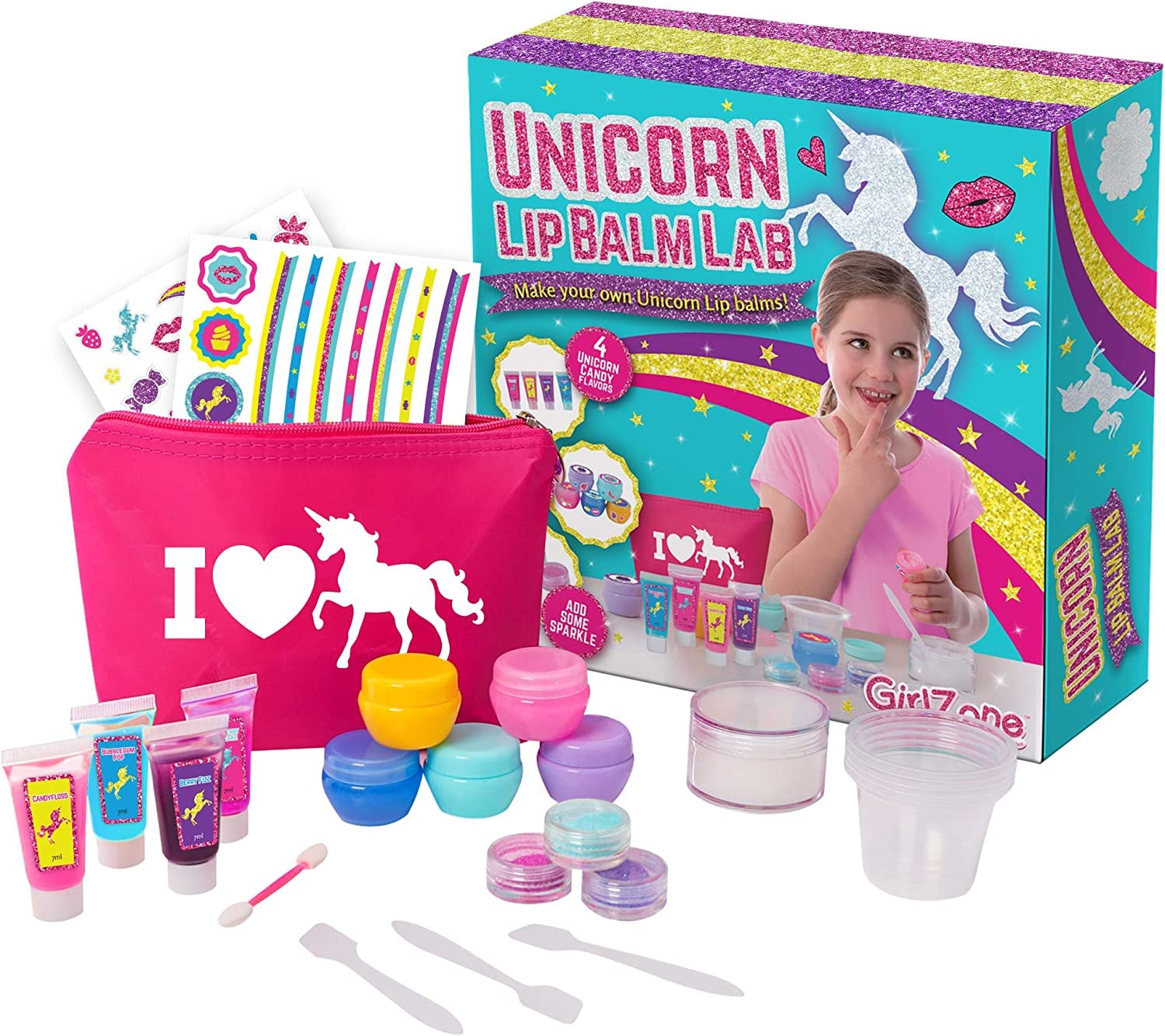 GirlZone Unicorn Lip Balm Lab, 22-Piece Make Your Own Lip Gloss Set for Kids with a Cute Makeup Bag, Exciting Toy for Playdates and Great Gift Idea