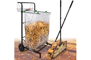 CAROD Mobile Trash Bag Holder with Storage Basket and Ergonomic Handle, Convenient Leaf Bag Cart with Leaves Grabber Rake Combo, Suitable for Leaves, Weeding, Camping, Party