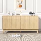 Scurrty Modern Sideboard Credenza for Dining Room, Wood Color Buffet Cabinet with Adjustable Shelf, Storage Cabinet with 4 Do
