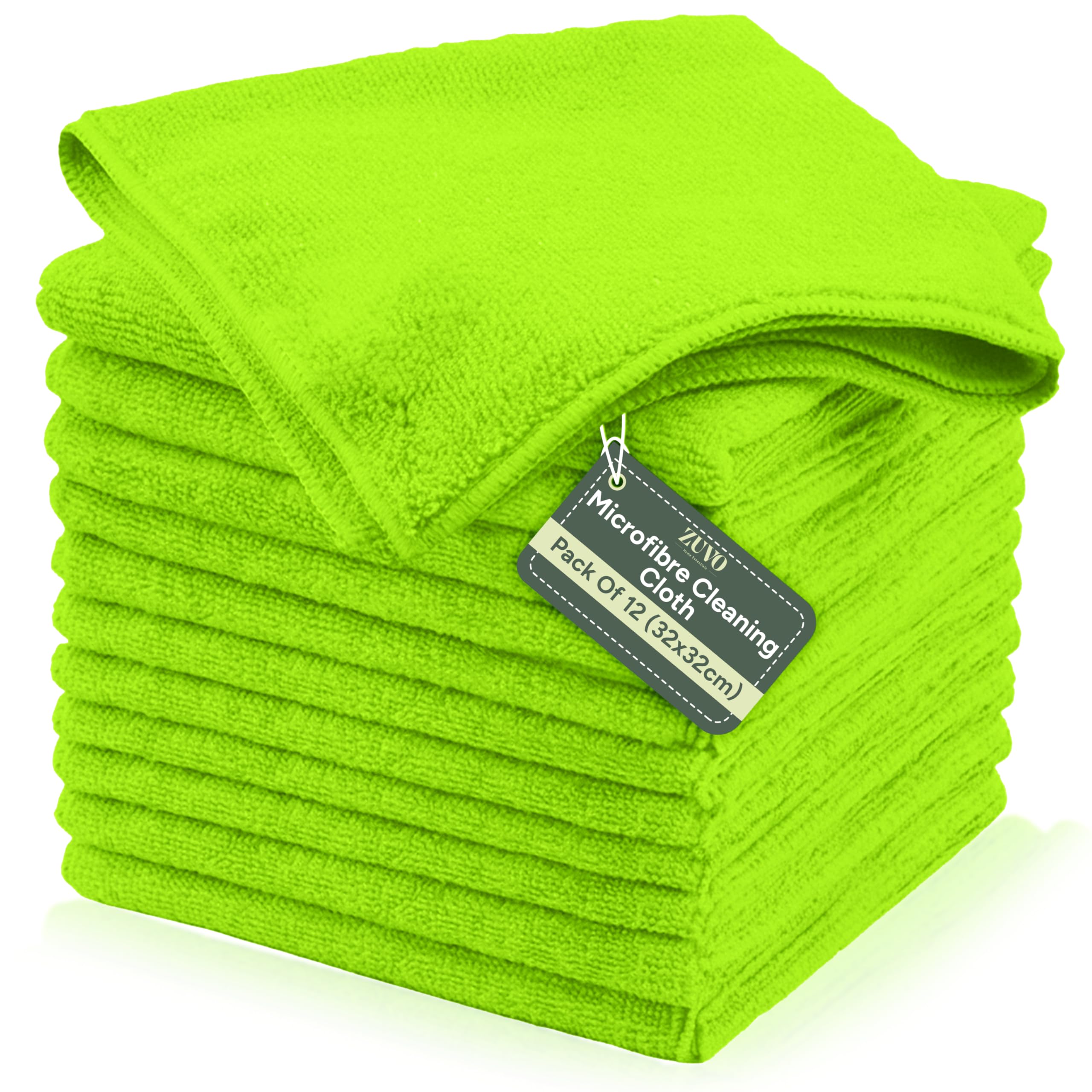 Zuvo Microfibre Cleaning Cloth 12 Pack - Lint-Free Cleaning Cloths for Bathroom, Kitchen & Glass | 32×32 cm, Green