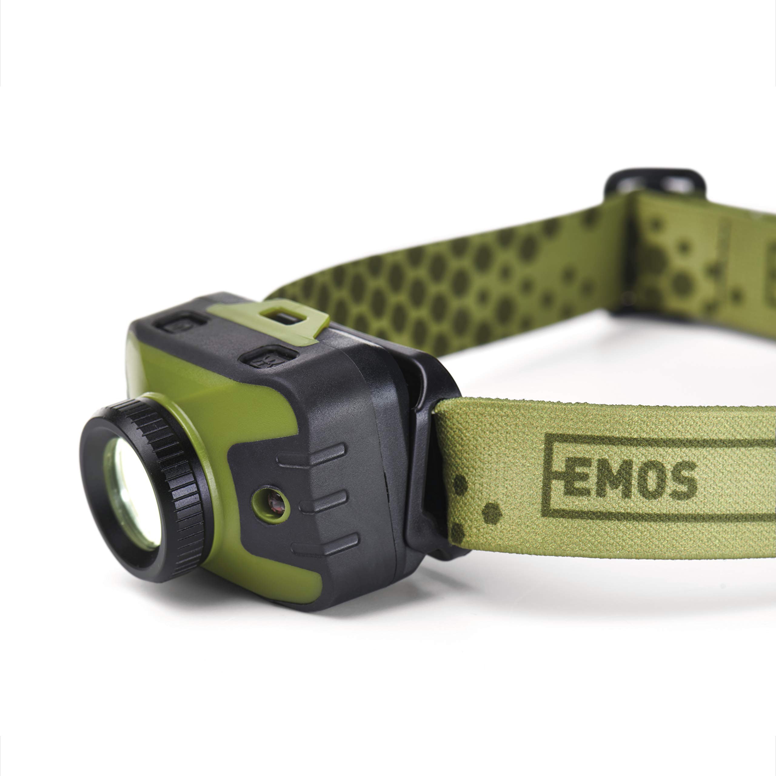 EMOS Focusable Headlamp with Red Light, IP43 Waterproof Head Lamp with 5 Light Modes 330 Lumen Brightness 200 m Light Range 87 Light Duration CREE LED Head Light with Focus Green