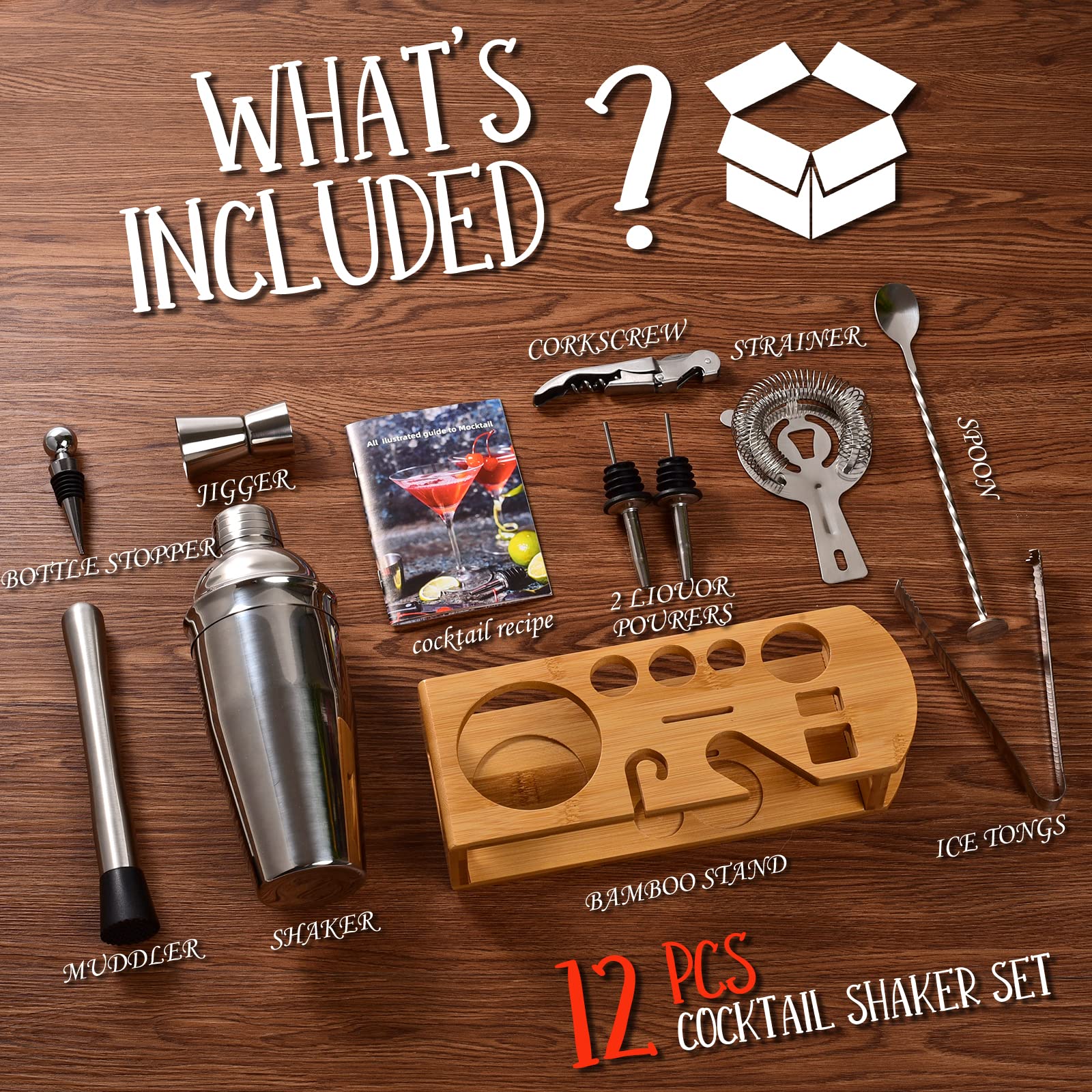 Cocktail Shaker Set Bartender Kit : 12-Piece Bar Tool Set with Bamboo Stand | Bar Set with All Practical Bar Accessories, for Drink Mixing, Bar, Home, Lounge & Party (Silver) - Image 2