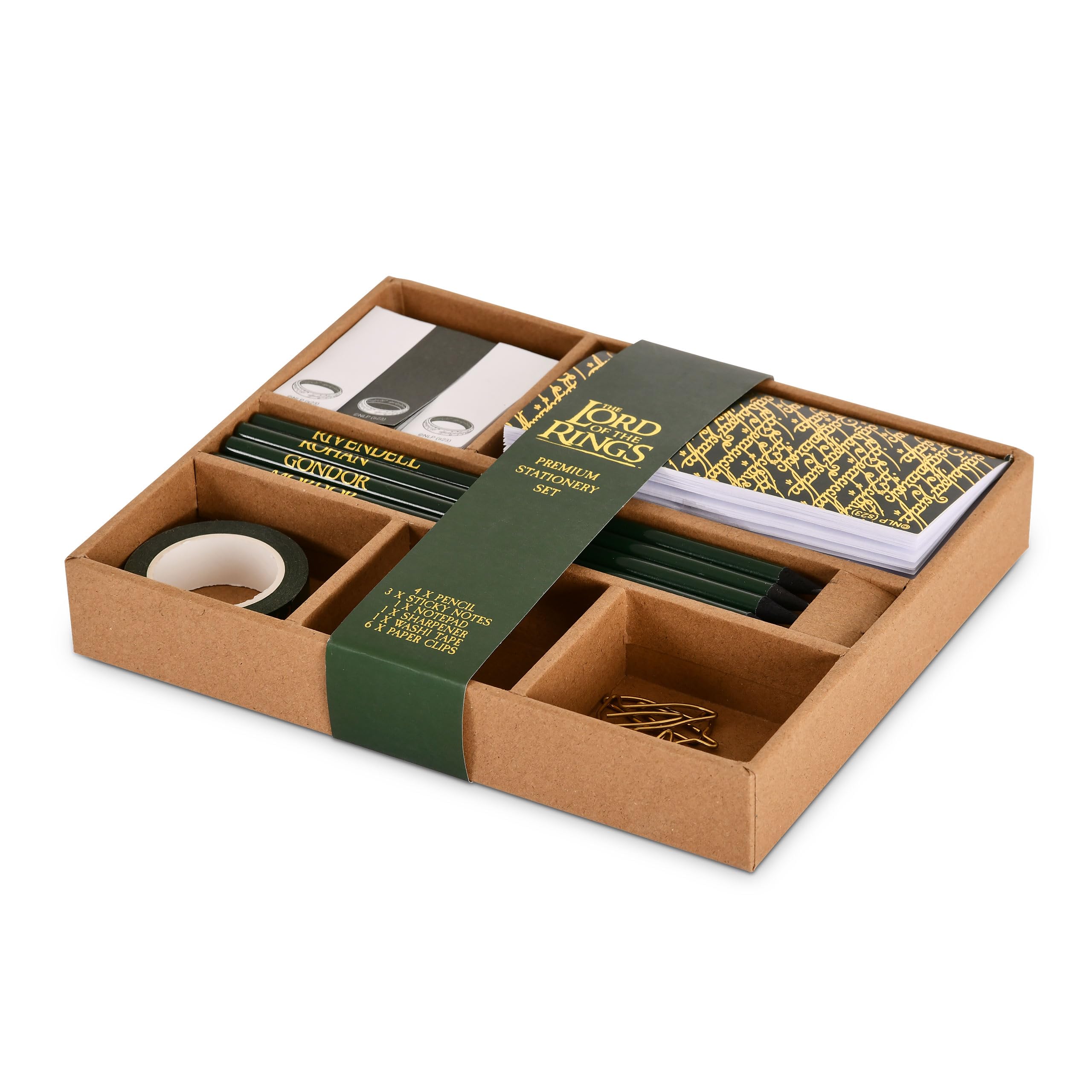 Elbenwald Lord of the Rings Writing Set in The One Ring Design - with Sticky Notes, Mini Notebook, Pencils, Sharpener, Tape, Paper Clips - Set 20 x 16.5 x 3 cm - Green