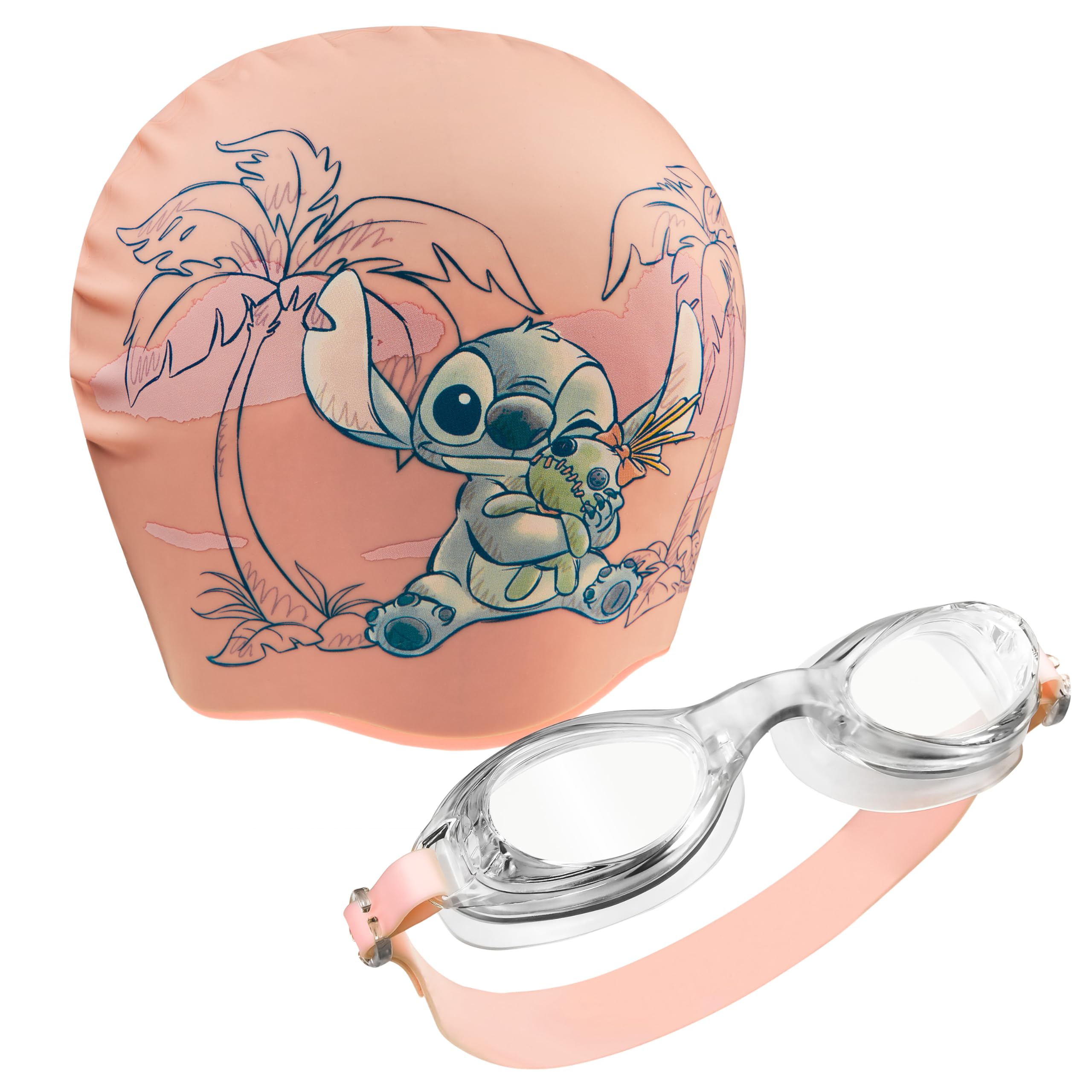 Disney Children's Swimming Goggles and Swimming Cap Set Anti-Fog UV Protection (Peach Stitch, 6-14 Years)