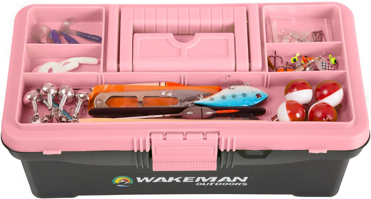 Fishing Single Tray Tackle Box- 55 Piece Tackle Gear Kit Includes Sinkers, Hooks Lures Bobbers Swivels and Fishing Line by Wakeman Outdoors (Pink) : Sports & Outdoors