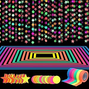 127ft Neon Party Supplies Set, 6 Colors 98.4ft UV Blacklight Reactive Tape, 29ft Neon Paper Garlands Circle Dots Stars Hanging Decorations for Birthday Wedding Glow Party Decorations