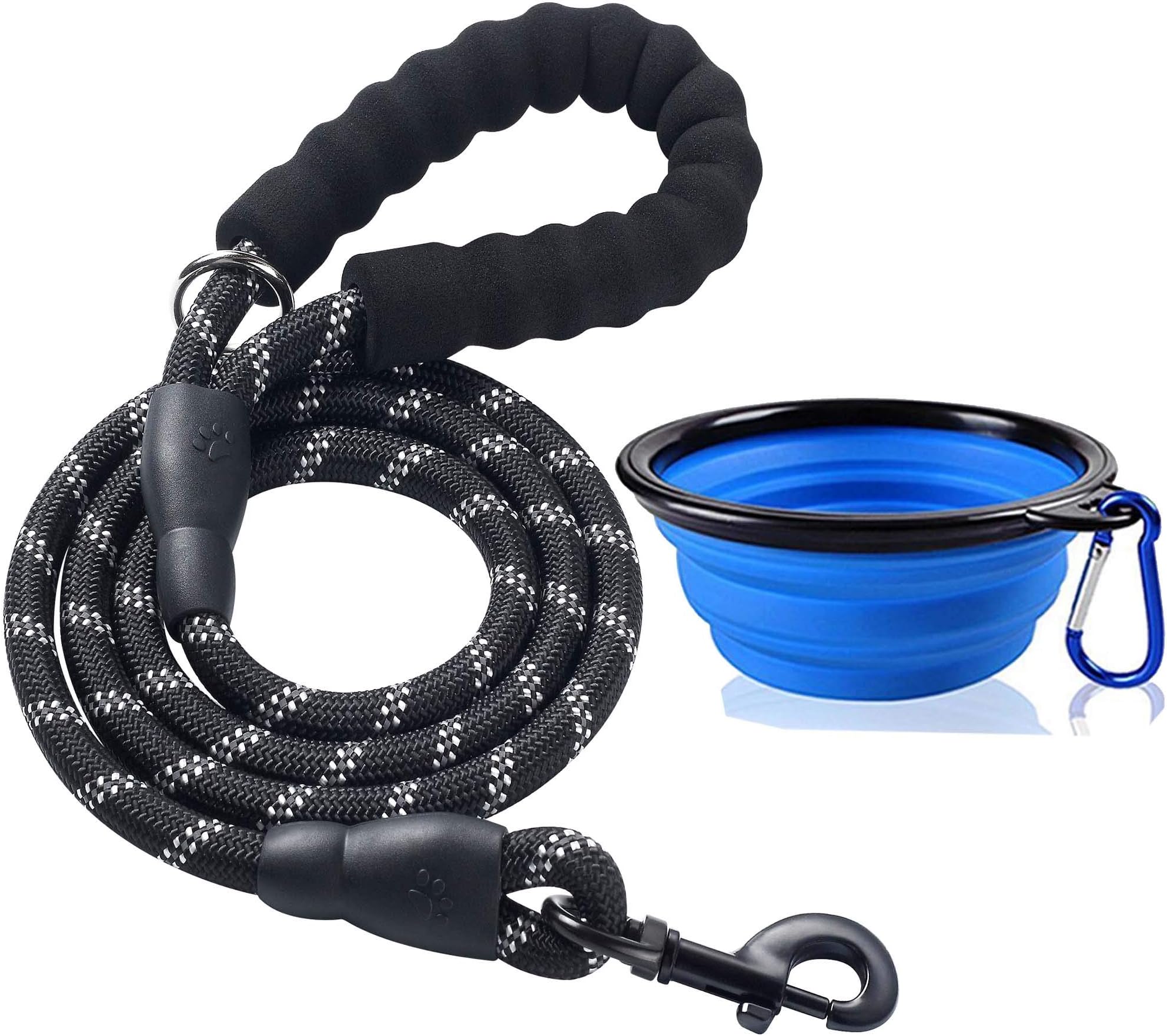 Ladoogo Heavy Duty Dog Leash - Comfortable Foam Handle, 5 ft Long - Dog Leashes for Medium Large Dogs with A Free Collapsible Pet Bowl (Black)