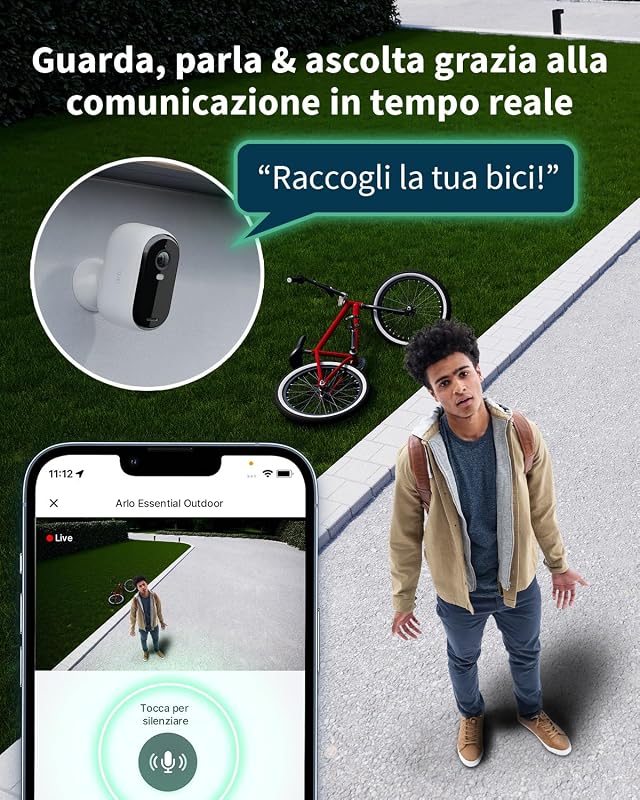 Essential HD Telecamera WiFi Esterno Senza Fili + Pannello Solare, Telecamera WiFi Interno, Sirena Allarme Casa, Sensore Di Movimento, Prova Inclusa Arlo Secure, 3 Telecamere, Bianche