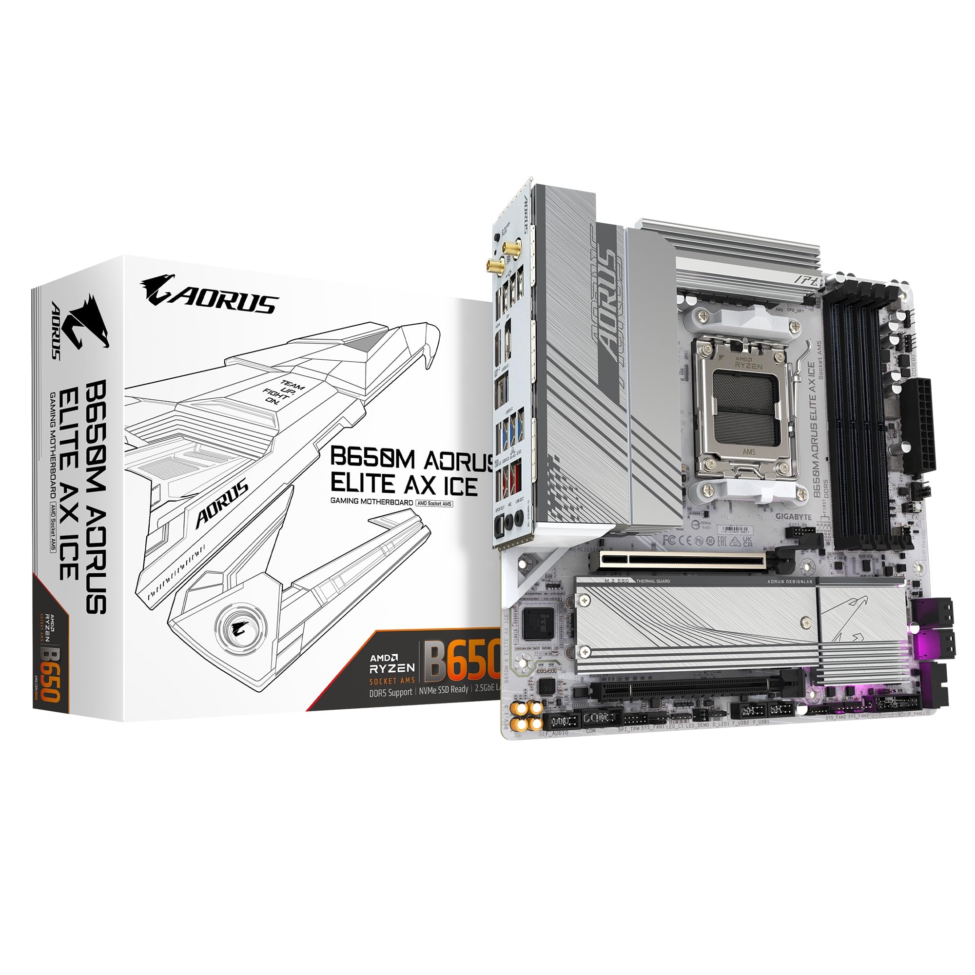 Photo 1 of GIGABTE B650M AORUS Elite AX ICE AMD AM5 mATX Motherboard, Support Ryzen 9000/8000/7000 Series, DDR5, 12+2+2 Power Phase, PCIe 5.0 M.2, USB-C 3.2 Gen 2, WIFI6E, 2.5 GbE, EZ-Latch, Q-Flash, RGB Fusion