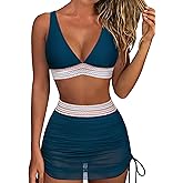 RXRXCOCO Mesh High Waisted Bikini Sets for Women Tummy Control Bathing Suits Color Block Two Piece Swimsuits with Skirt