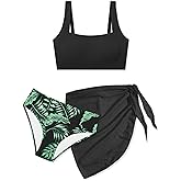 TyeSmo Girls Swimsuit Solid Ribbed 3 Piece Bikini Tropical Floral Bathing Suit for Girls Modest Swimwear with Cover Up 9-16y