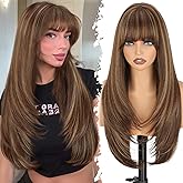 XIXIBI Long Brown Wig with Bangs, Brown Mixed Blonde Layered Realistic Wigs for Women, 4x4 Realistic Scalp, Free Parting Synthetic Natural Looking Wigs for Daily Party Cosplay Use 26Inch