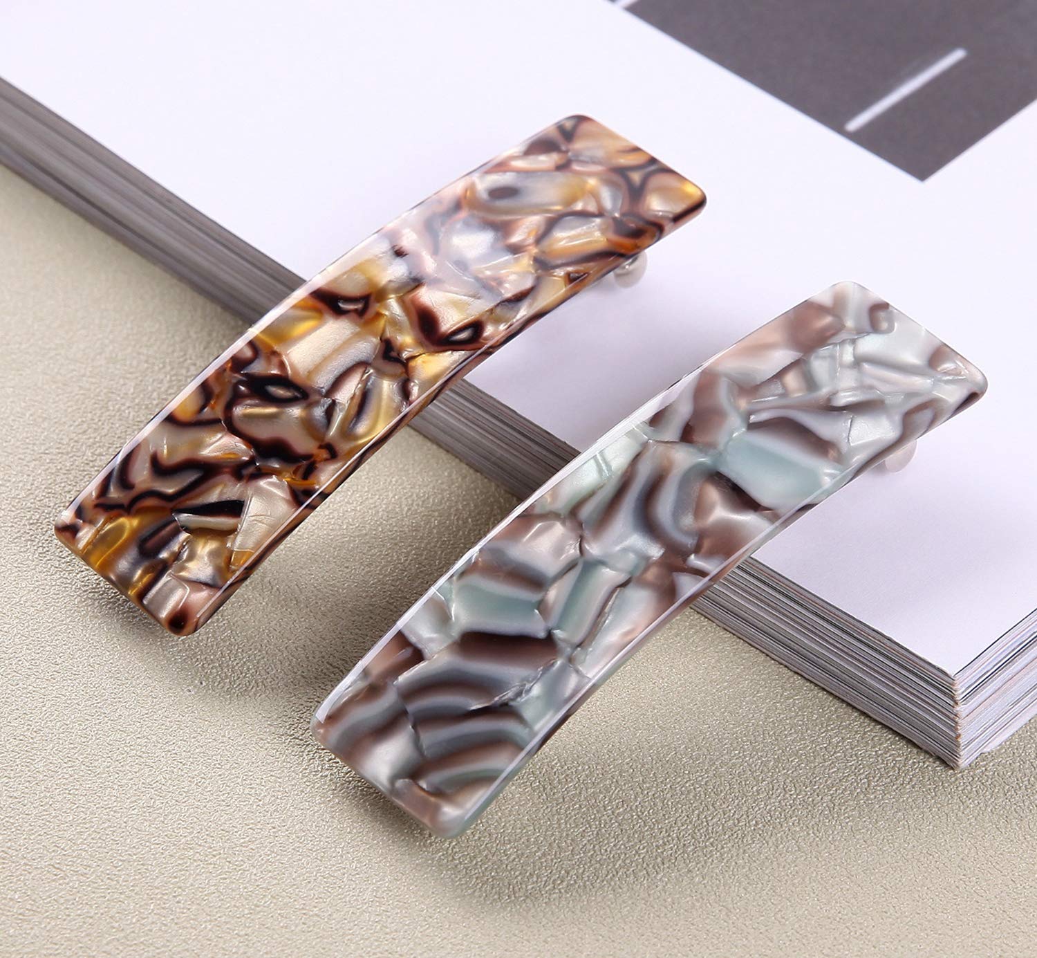 2PCS Hair Barrettes Tortoise Shell French Design Celluloid Rectangle Hair Clips for Women : Beauty