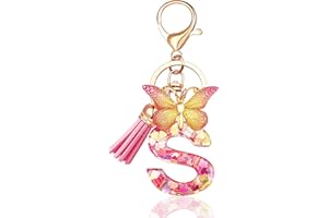 JINGUAZI Initial letter Keychains for Women Tassel Butterfly Pink Purple Cute Car Keychain for Wallet Backpack bag charm