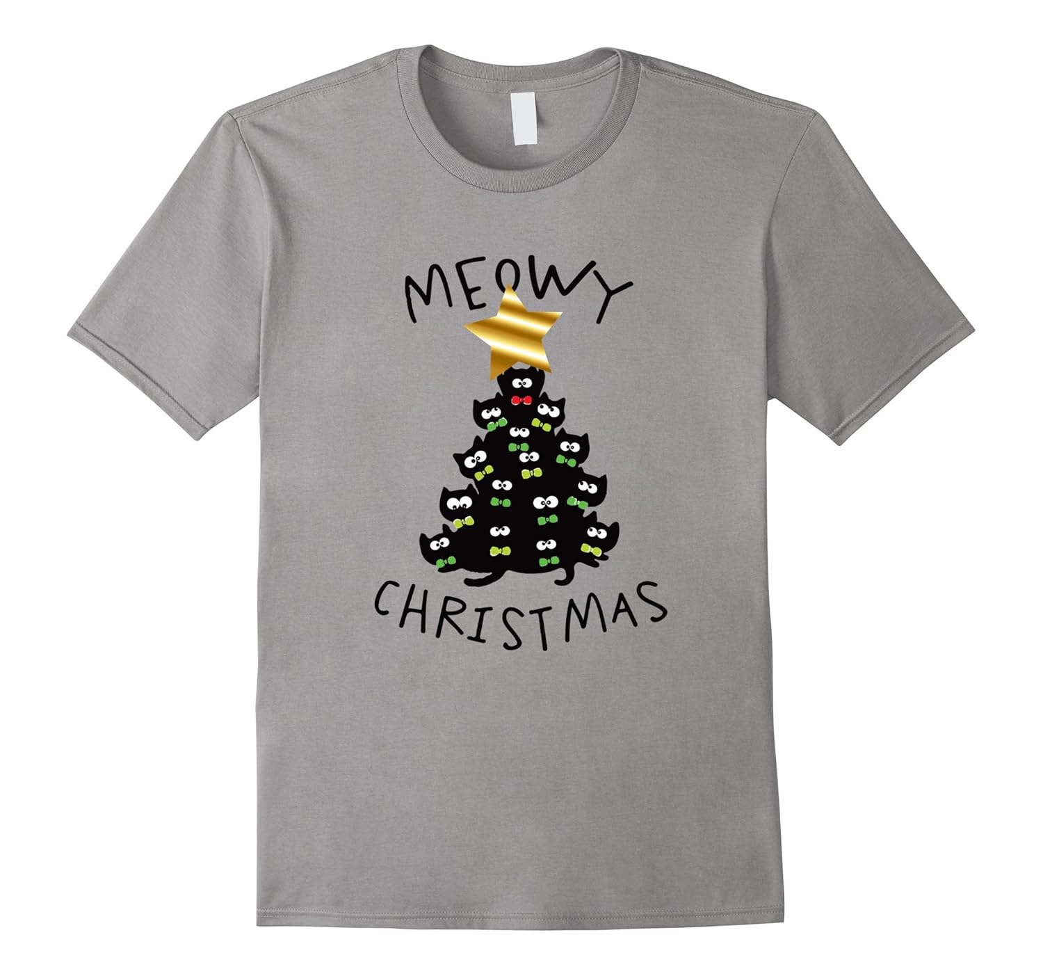 Gold Star Funny Merry Meowy Christmas Tree Black Cat Lover-ANZ