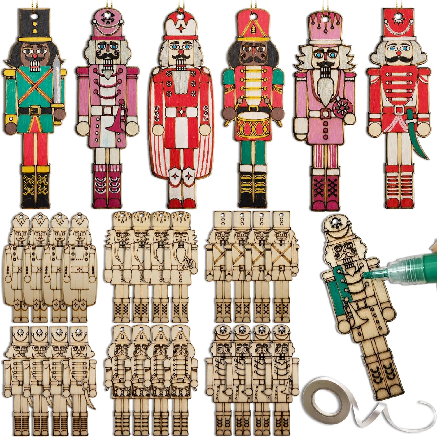 Nutcrackers - 24 Pieces DIY Christmas Nutcracker Ornaments Unfinished Wooden Hanging Walnut Soldier Decoration Blank Xmas Crafts for Christmas Tree Holiday Party Decor Supplies