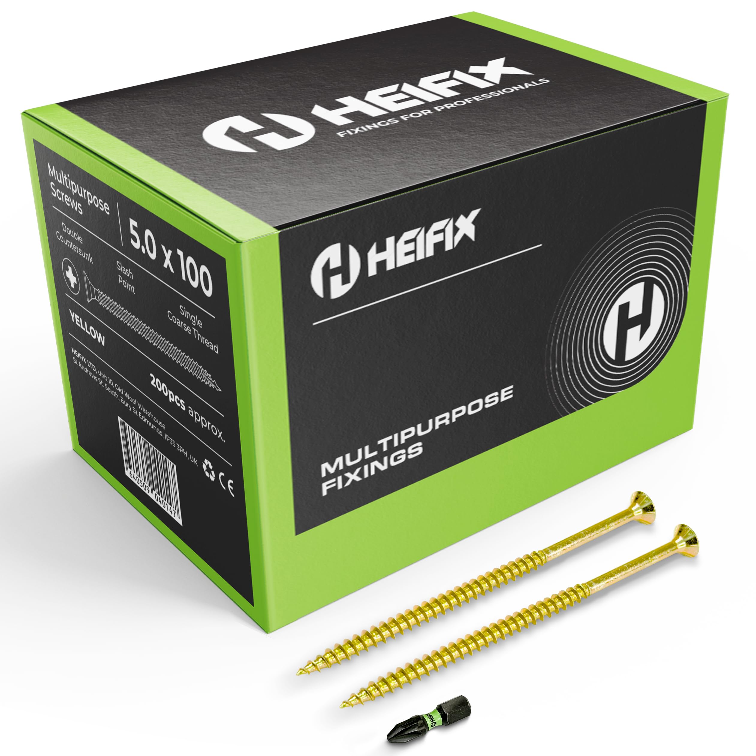 Heifix Multi-Purpose Wood Screws - FREE Screw Bit Included (QTY 200, 5mm x 100mm) Pozi Double Countersunk — image 1