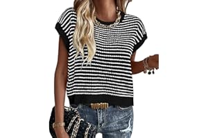 PRETTYGARDEN Womens Short Sleeve Sweater Spring Summer 2025 Round Neck Striped Pullover Cap Sleeve Knit Sweater Vest Tops