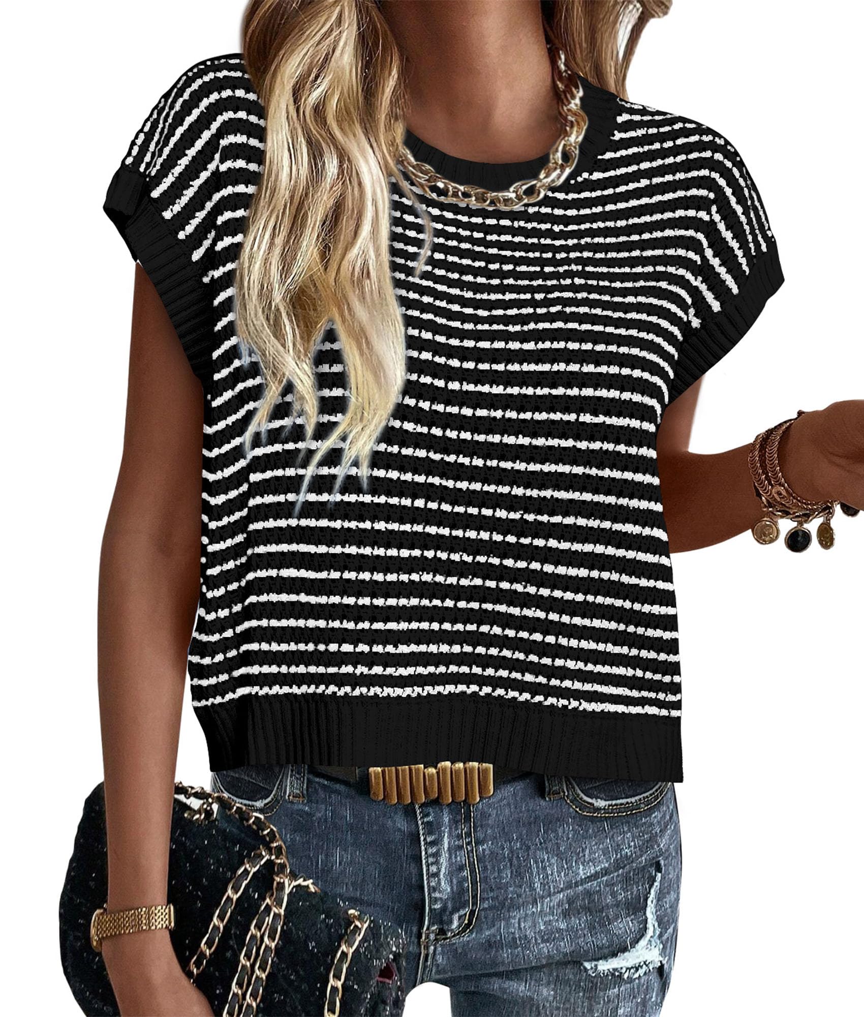 PRETTYGARDEN Womens Short Sleeve Sweater Spring Summer 2025 Round Neck ...