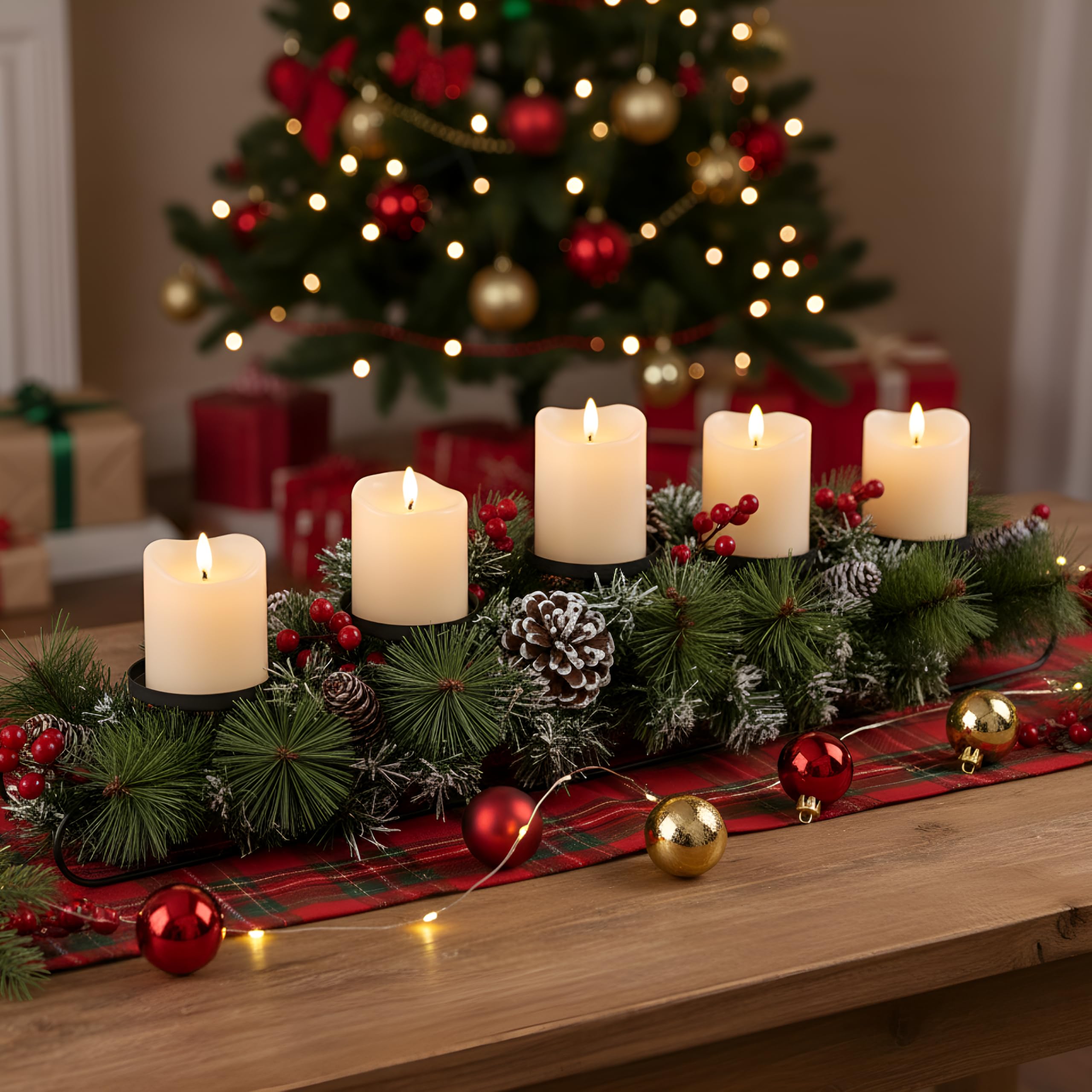 Photo 1 of **NO CANDLES**Yungyan Christmas Tabletop Centerpiece 30 Inch, Includes 5 Candle Holders Without Candle, Red Berries, Pine Cones and Base, Christmas Artificial Dinner Table Decorations