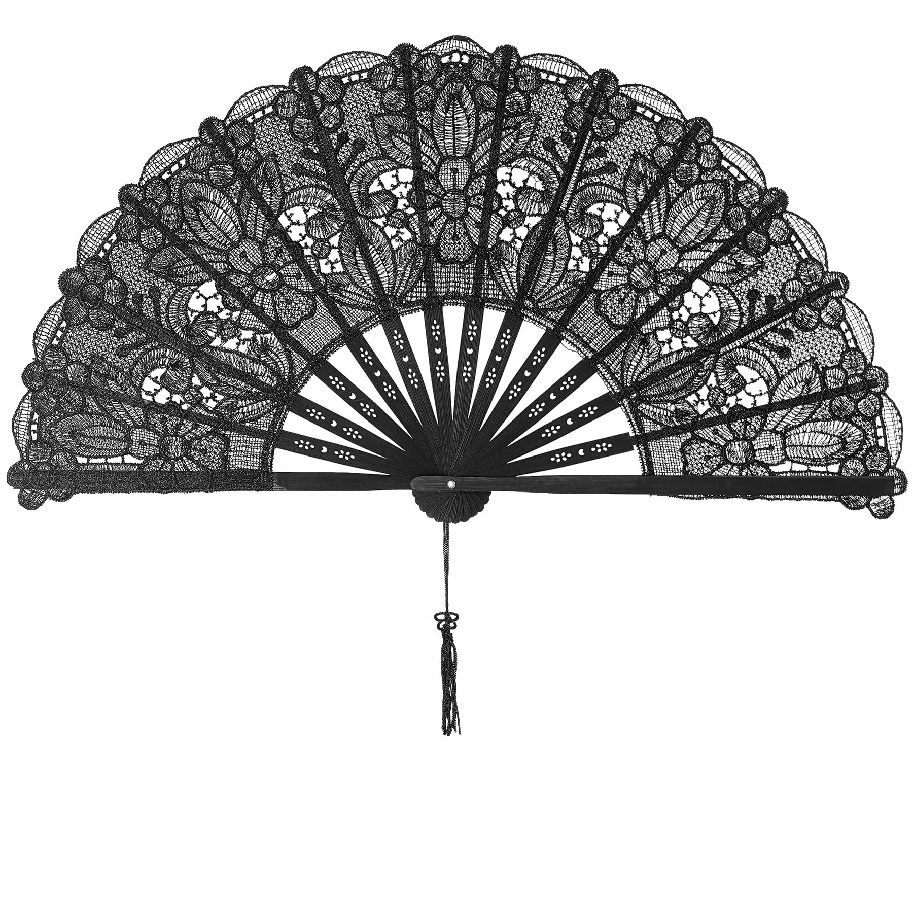 Photo 1 of choyaxo Cotton Lace Folding Hand Fans Embroidered Flowers Pattern Handheld Fans for Costume Weddings Dancing Party DIY Bridal Hand Fan (Black)