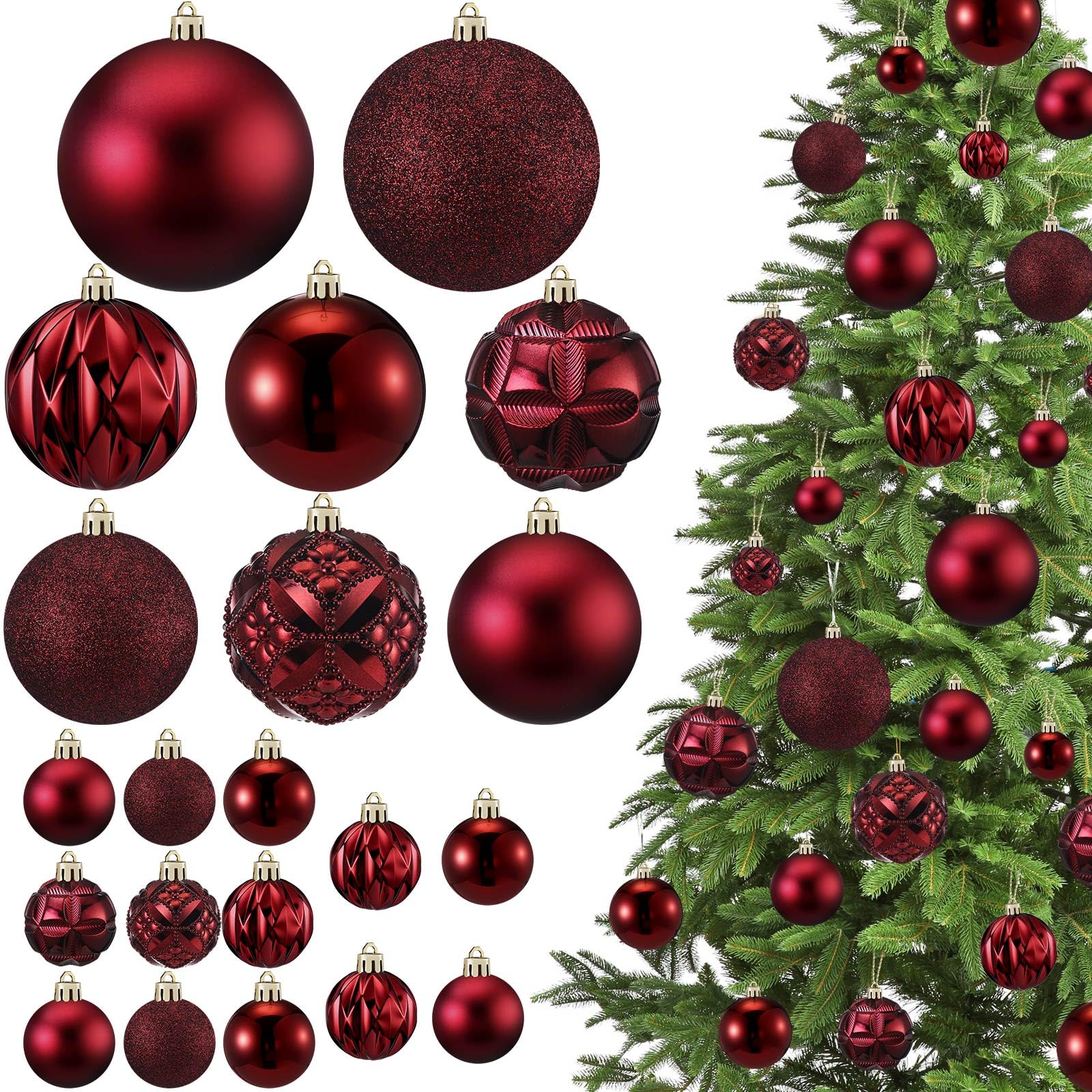 Photo 1 of Soulchen 4 Sizes Burgundy Christmas Balls Ornaments Set 46 Pcs 1.57", 2.36", 3.15", 4" Shatterproof Christmas Tree Hanging Plastic Balls Xmas Ornaments for Xmas Tree Wreath Party Decoration Supplies