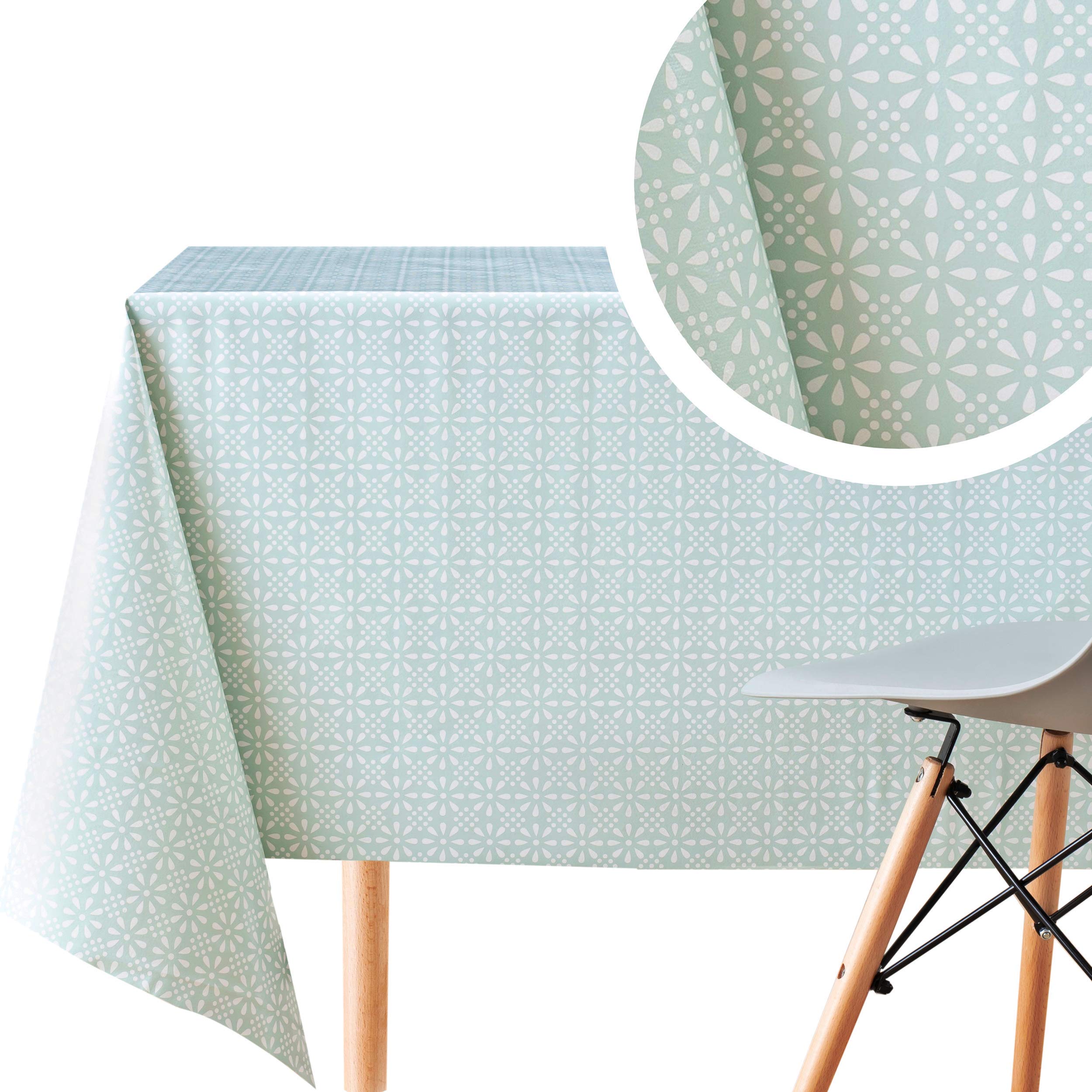 KP HOME Wipe Clean Tablecloth Turquoise Duck Egg PVC Table Cover - Rectangle 200 x 140 cm - Easy Wipeable Vinyl Plastic Table Cloth With Retro Mint Floral Print