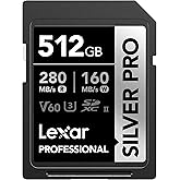 Lexar 512GB SILVER PRO SD Memory Card, 280MB/s Read, 4K, V60, U3, UHS-II | Compatible w/ Canon, Sony, Nikon, Ideal for Profes