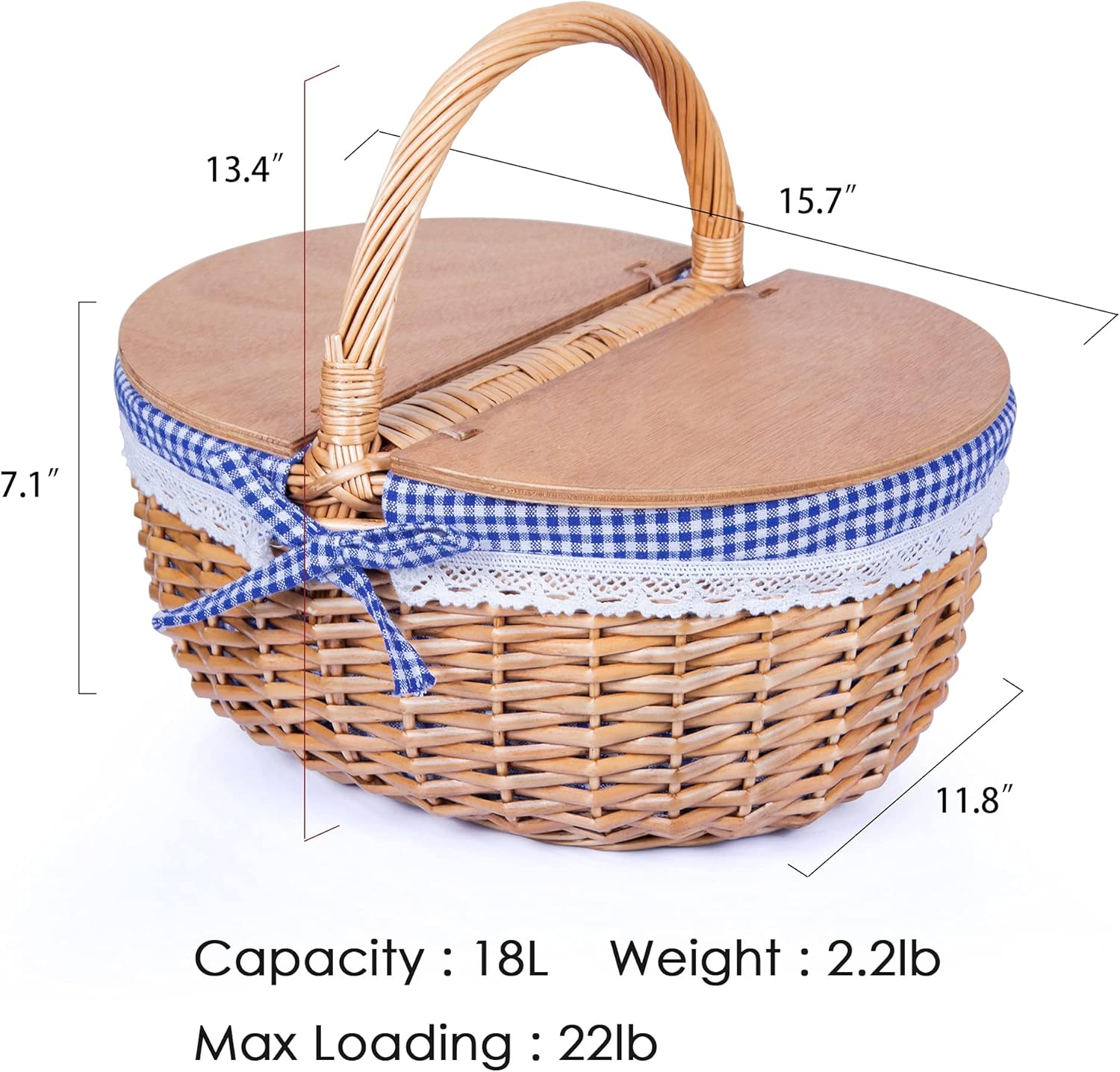 SatisInside Wicker Picnic Basket with Wooden Lids and Washable Liner - Stationary Handle - Blue: Kitchen & Dining