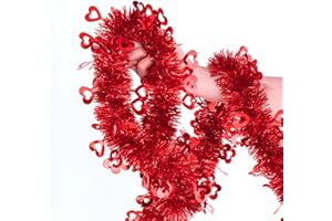 CIPOWM 33FT Valentine's Day Tinsel Garland, Red Metallic Twist Foil Tinsel Garland with Red Heart Ornament Hanging Garland for Valentine's Day Wedding Anniversary Birthday Party Indoor Outdoor Decoration