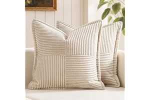 MIULEE Decorative Throw Pillow Covers for Couch Bed Livingroom 18x18 Inch Set of 2 Beige Boho Accent Throw Pllows Broadside Striped Patchwork Soft Corduroy Pillowcases