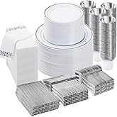 BESTVIP 700 PCS Silver Dinnerware Set for 100 Guests, Plastic Dinnerware Set for Party, Wedding, Christmas, Include: 200 Plastic Plates, 100 Silver Silverware, 100 Cups, 100 Paper Napkins