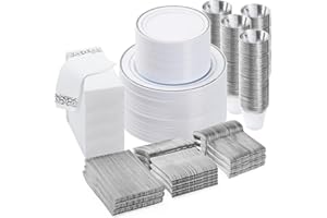 BESTVIP 700PCS Silver Disposable Dinnerware Set (100 Guests), Plastic Plates for Party, Wedding, Party Supplies Include: 200 Plastic Plates, 100 Gold Silverware, 100 Cups, 100 Napkins