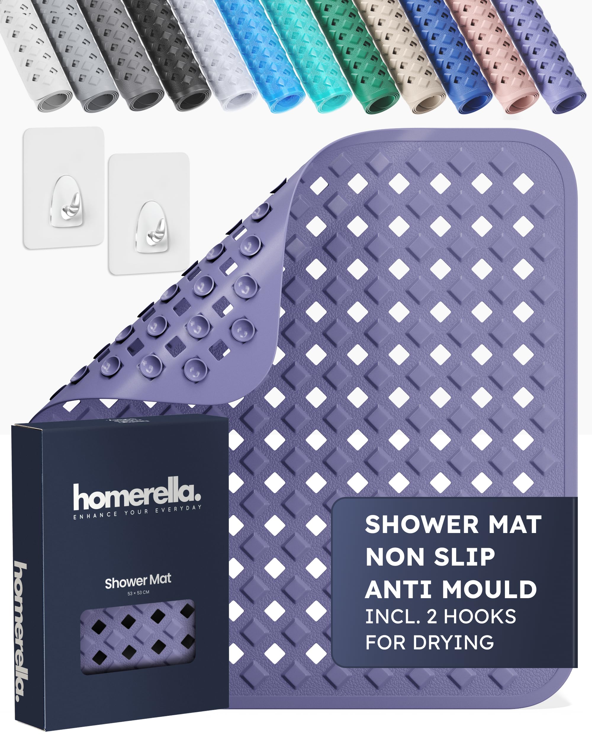 homerella® Shower Mat Non Slip Anti Mould 53 x 53 cm, INCL. Hooks for Drying, Bath Mat Non Slip Anti Mould, Shower Mats for Inside Shower, BPA-Free and Machine Washable for Children and Elderly