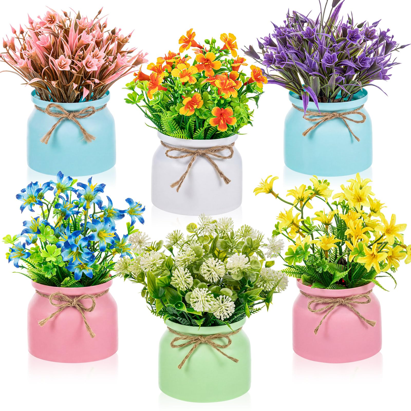 Photo 1 of Zeyune Large Spring Artificial Flowers Potted Centerpieces Desktop Fake Floral Plants in Macaron Pot Greenery for Office Table Home Indoor Bathroom Office Wedding Bridal Decor (6 Pcs,Elegant)