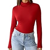 GKBK Womens Long Sleeve Shirts Mock Turtleneck Turtle Neck Fall Fashion Basic Thermal Underwear Layer Tops Tight Slim Fit Cute Ribbed T-Shirts Winter Trendy Clothes 2025 Red XL
