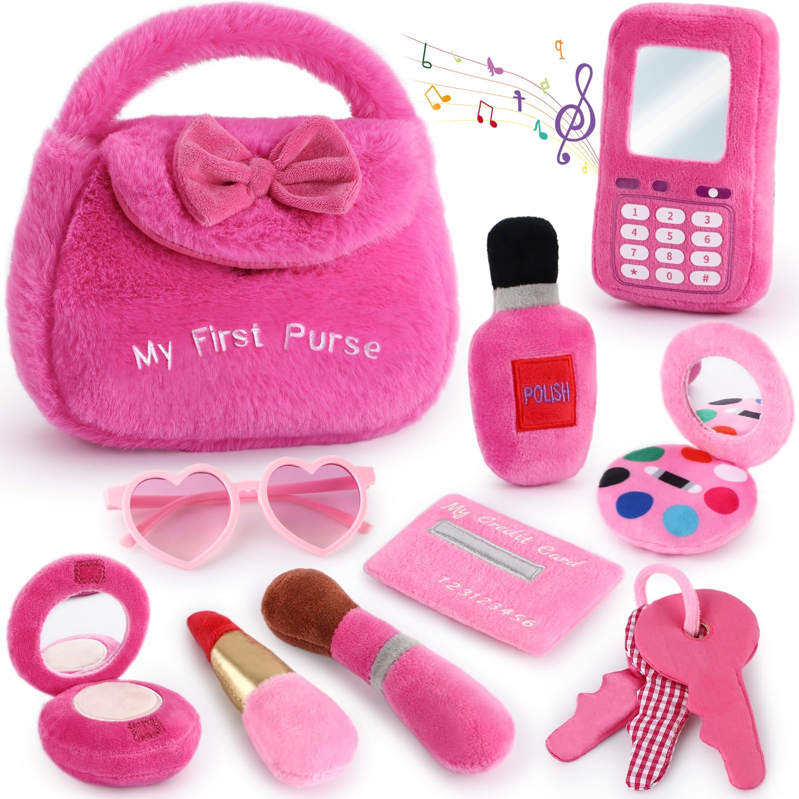 Photo 1 of Golray Plush Toddler Purse Baby Girl Pretend Play Toy - 10 Pcs My First Purse with Soft Sensory Toy Smartphone/Crinkle Makeup Beauty Playset for Toddler Baby Girl Christmas Birthday Gift Ages 3 4 5