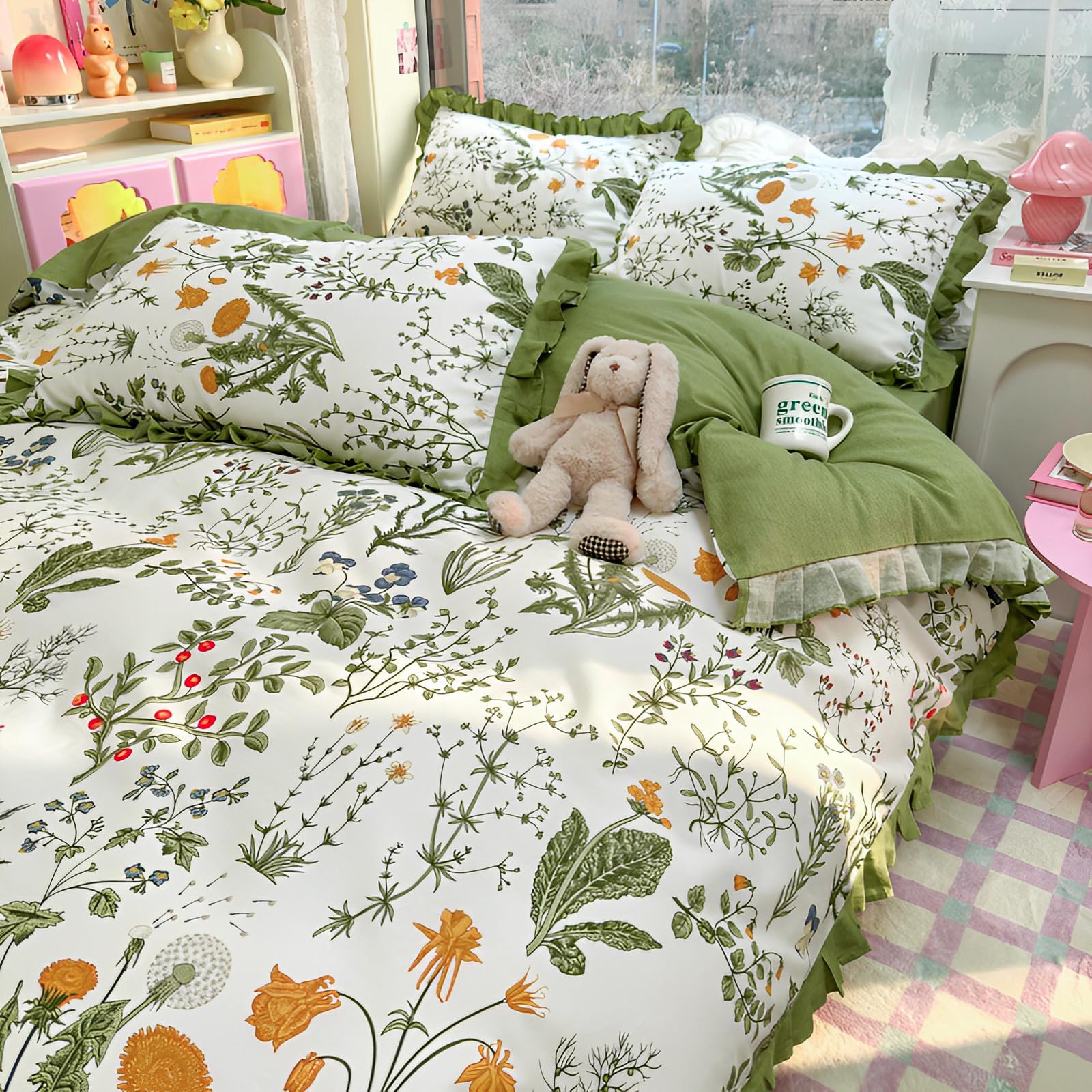 LifeTB Botanical Flower Comforter Set Full Vintage Green Floral Bedding Comforter with Elegant Ruffles Reversible Boho Floral Bedding Set Fluffy Princess Lace Ruffle Comforter Set for Kids Teen Girls Image