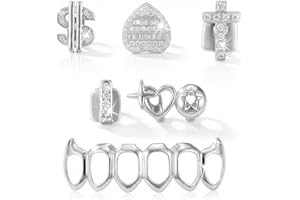 ILIEMOC 6 Pcs Hip Hop Grillz Set, Open Face Teeth Jewelry for Men & Women, Easy Fit Adjustable Dental Caps with Improved Mold, Secure & Durable Material, Comfortable Wear for Costume, Theme Parties & Gifts