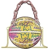 Linkidea Mini Basketball Shaped Purses for Women, Graffiti Letter Girls Small Cute Round Bag, Fashion Vegan Leather Shoulder Crossbody Messenger Handbag (Pink)