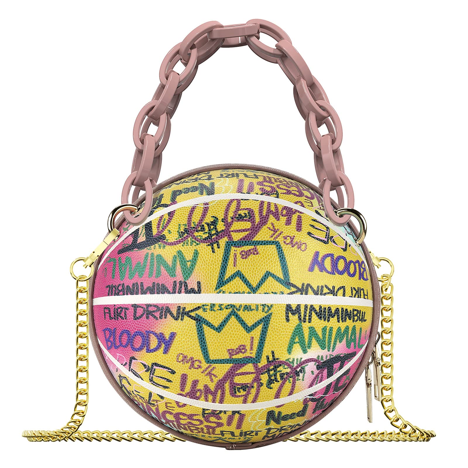 Linkidea Mini Basketball Shaped Purses for Women, Graffiti Letter Girls Small Cute Round Bag, Fashion Vegan Leather Shoulder Crossbody Messenger Handbag (Pink)