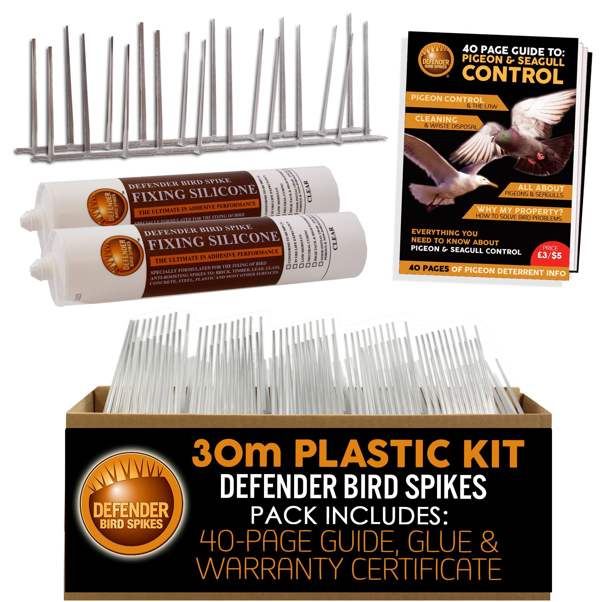 Defender Plastic Anti-Bird Spikes Pack | 30 m with Glue | Pigeon Control Guide | Various Size Packs