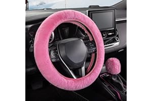 SEG Direct Furry Car Steering Wheel Cover with Fluffy Gear Shift Cover Soft Warm Non-Slip Car Decoration for Women Girls 2 PCS Set, Pink