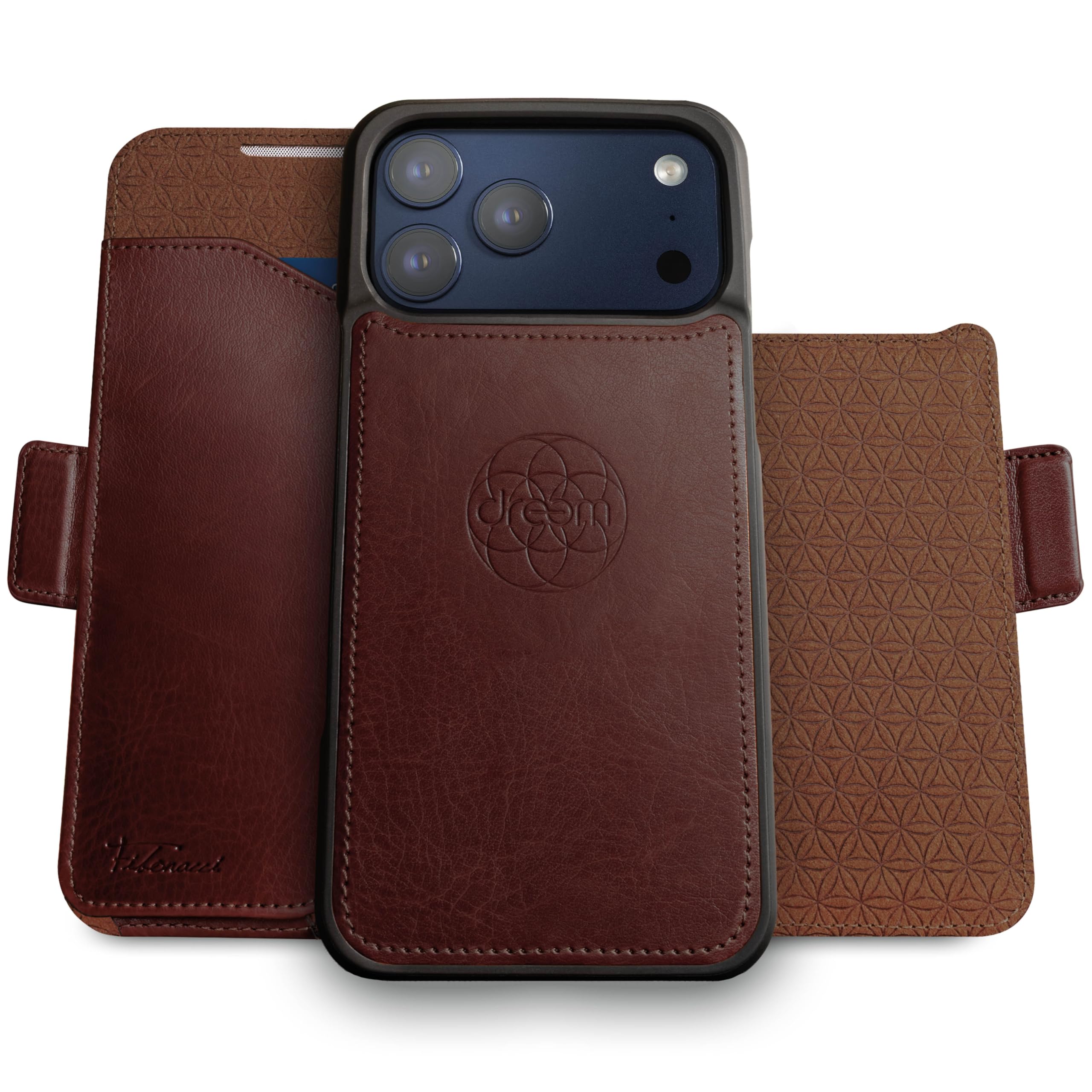 Dreem Wallet Case for iPhone 17 Pro Max, Revolutionary Vert/Hor Phone Stand, Magnetic Detachable Vegan Leather Flip Cover RFID Blocking Card Holder, MagSafe-Fit, Gift Box [Fibonacci: Coffee] Image